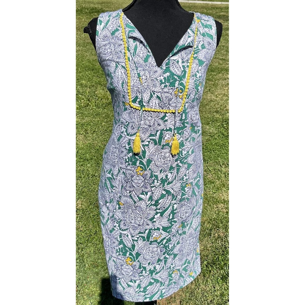 Boden Dress Womens 4 Green‎ Floral Sleeveless V Neck Tassel Boho Summer Shift